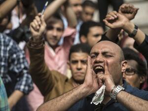 Egyptian journalists protest outside of Syndicate headquarters in Cairo on World Press Freedom day. (AFP/Khaled Desouki)