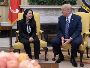 Donald Trump greets Egyptian-American Aya Hejazi, after working behind scenes to free her. (AFP/File)