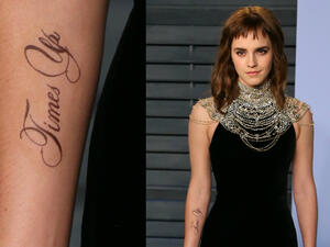 The 27-year-old actress was left red faced at the Vanity Fair Oscar after party on Sunday (04.03.17) in Beverly Hills, California, when she rocked up with the fake inking, which read "Times Up", on her forearm in support of the movement initiative (Source: JEAN-BAPTISTE LACROIX - AFP)