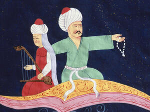 Detail from "Flying Over Istanbul and the Galata Tower on the Magic Carpet from the 1001 Nights, Turkish miniature, 19th C." (Rex)