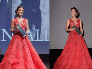 نجحت كيت بيكينسيل باختيارها فستان سهرة فاخر باللون الأحمر البارز