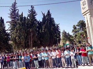 University of Jordan students perform communal funeral prayers for civilians killed in Aleppo this week. (Twitter/Rami Safadi)