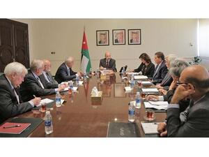 Prime Minister Omar Razzaz meets with the International Advisory Group in Amman on Thursday. (Jordan Times)