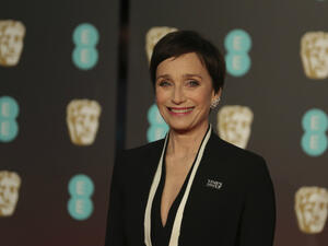 Kristin Scott Thomas, 57, wore a long monochrome Christian Dior number and wore a Time's Up badge in a bid to show her support. (Source: DANIEL_LEAL-OLIVAS - AFP)