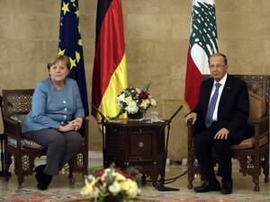 German Chancellor Angela Merkel (L) meets with Lebanese President Michel Aoun at the presidential palace in Baabda, Beirut, during her official visit on June 22, 2018. (JOSEPH EID/ AFP)