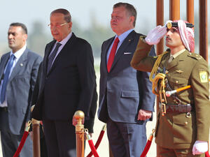 Lebanese President Michel Aoun stumbled over a step on the red carpet and landed flat on his face - ouch! (AFP)