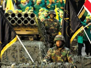 Hezbollah displays a pick-up truck mounted with a multiple rocket launcher in a parade in the southern Lebanese city of Nabatiyeh. (MAHMOUD ZAYYAT / AFP)