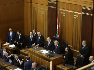 Newly elected Lebanese President Michel Aoun (C) waits next to the Parliament Speaker Nabih Berri (R) at the Lebanese parliament in Beirut. (Joseph Eid / AFP)
