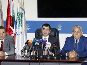 From left, Kamal Hayek, Cesar Abi Khalil and Hikmat Dib attend a press conference in Beirut, Monday, July 17, 2018. (The Daily Star)