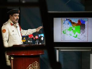 Ahmed al-Mesmari, a spokesman of Libya's opposition armed forces which are made up of militias and some units of the national army based in the east of the country, speaks during a press conference on June 2, 2017, in the coastal city of Benghazi. (Abdullah Doma/AFP)