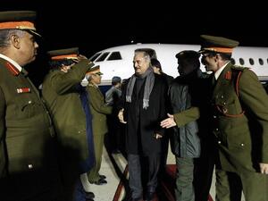 Marshal Khalifa Haftar (C), the military leader of the Libyan National Army and Libya’s parallel parliament based in the eastern city of Tobruk returns from a visit to Russia on December 3, 2016. (AFP/Abdullah Doma)
