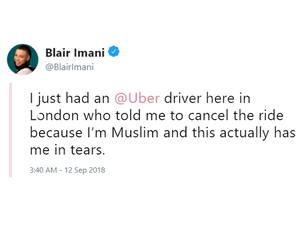 Blair Imani who is a British Muslim queer activist tweeted about how she encounter a racism act based on her religion by an Uber driver. (Twitter/@BalirImani)