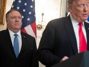 US President Donald Trump speaks alongside US Secretary of State Mike Pompeo (L) prior to signing a Proclamation on the Golan Heights in the Diplomatic Reception Room at the White House in Washington, DC, March 25, 2019. (AFP/ File Photo)