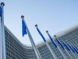 EU flags in front of the European Commission headquarters at the Berlaymont Building in Brussels. (AFP/File)