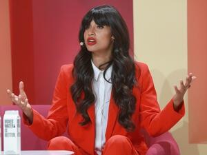 A file photo shows Jameela Jamil on stage at the 2018 Girlboss Rally at Magic Box on April 28, 2018 in Los Angeles. (AFP)