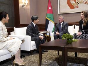 Their Majesties King Abdullah II and Queen Rania Al Abdullah meet with Crown Prince Naruhito and Crown Princess Masako of Japan. (Twitter/ @RHCJO)