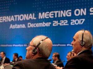Syrian chief negotiator Bashar al-Jaafari, and other delegates take part in Syria peace talks in Astana on December last year. (AFP)