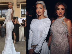 ارتدت موديل روز فستان أبيض أنيق مشكوك بخطوط من الترتر بشكل كامل من تصميم ستيلو