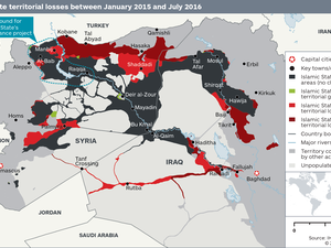 Map produced by IHS shows Daesh territorial losses between January 2015 and July 2016. (IHS)