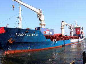 A picture taken on July 1, 2016 shows the Panama-flagged ship Lady Leyla setting off from the southern Turkish port of Mersin for the Gaza Strip. (AFP/Huseyin Kar)