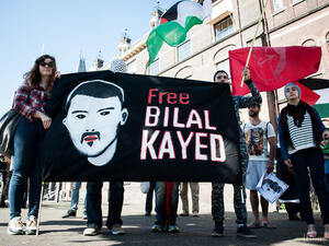Protesters in The Netherlands call for the release of Palestinian prisoner Bilal Kayid. (File photo)