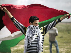 A protester waves a Palestinian flag towards the Israeli border fence during a protest marking Land Day at the border between Israel and Gaza Strip on March 30, 2014. (AFP/File)