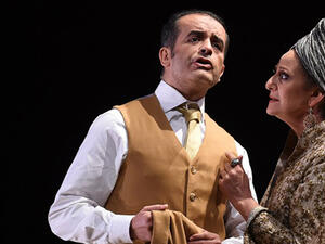 Tunisian singer Mohamed Jebali as "le Roi" (The King) and Palestinian singer Reem Talhami as "la mere du roi" (The King's Mother) perform in the opera "Kalila wa Dimna" during the International Festival of Lyric Art in the French southeastern city of Aix-en-Provence.  (AFP/File) 