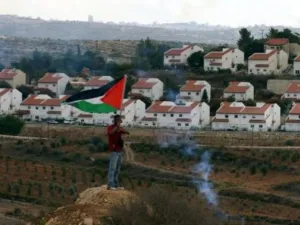 فلسطيني يحمل علما فلسطينيا مقابل مستوطنة يهودية في الضفة الغربية المحتلة
