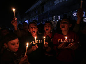 Palestinian youths at a demonstration against the Palestinian President in Rafah, Gaza, April 14 2017 (AFP/Said Khatib)
