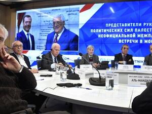 Representatives of Palestinian organizations hold a press conference in Moscow following reconciliation talks on January 17, 2017. (AFP/File) 