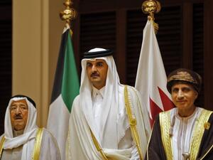 This file photo taken on December 07, 2016 shows Emir of Kuwait Sabah al-Ahmad al-Jaber al-Sabah (L), Emir of Qatar Sheikh Tamim bin Hamad al-Thani (C) and Oman's Foreign Minister Yusuf bin Alawi attending a Gulf Cooperation Council (GCC) summit in the Bahraini capital Manama. (AFP/Stringer)
