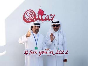 Two Qatari men at the Majlis Qatar pavilion in Moscow’s Gorky Park, on July 12. (AFP)