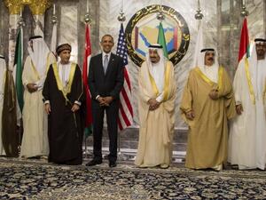 (L-R) Saudi Defence Minister and Deputy Crown Prince Mohammed bin Salman, Bahrain's Crown Prince Salman bin Hamad al-Khalifa, Kuwait's Emir Sheik Sabah al-Ahmad al-Jaber al-Sabah, Qatar's Emir Sheik Tamim bin Hamad al-Thani, Oman's Deputy Prime Minister Sayed Fahd bin Mahmud al-Said , US President Barack Obama, Saudi King Salman, Bahrain's King Hamad bin Issa al-Khalifa and Saudi Interior Minister Crown Prince Mohammed bin Nayef. (AFP/Jim Watson)