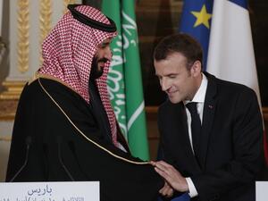 French President Emmanuel Macron with Saudi Arabia’s Crown Prince Mohammed bin Salman at the end of a joint press conference at the Elysee Palace in Paris. (AFP/ File Photo)