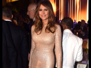 Melania in a gorgeous gold Reem Acra dress. (Instagram)