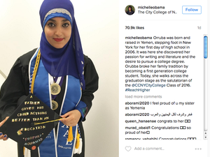 Michelle Obama's Instagram post praising a female Muslim student who gave the salutatory speech at a New York City college on Friday. 