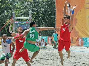 

Oman's Marwan al Dughaishi attempts to score against Croatia during the opening match of the beach handball worlds in Budapest, Hungary on Tuesday (Photo: Muscat Daily)