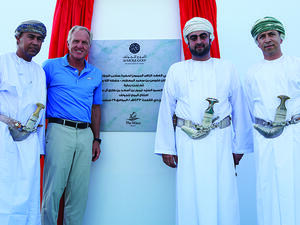 (L-R) Abdullah Al-Shidi, Greg Norman, HH Sayyid Taimur bin As'ad and HE Sultan bin Hamdoon