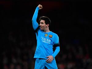 Barcelona's Argentinian forward Lionel Messi celebrates scoring his team's second goal from the penalty spot during the UEFA Champions League round of 16 1st leg football match between Arsenal and Barcelona at the Emirates Stadium in London on February 23, 2016.
Barcelona won the match 2-0.
JAVIER SORIANO / AFP