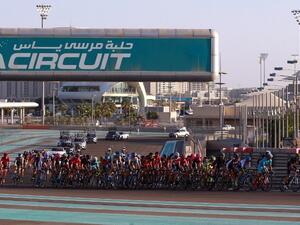 Cyclists ride their bikes during the Abu Dhabi tour from the Yas Marina Circuit to Yas Mall where the tour finishes in the Emirati capital Abu Dhabi, on October 11, 2015. AFP PHOTO / STR
STR / AFP