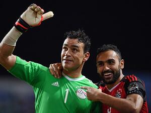 Egypt's goalkeeper Essam El-Hadary (L) and Egypt's midfielder Ahmed Elmohamady celebrate at the end of the penalty shootout of the 2017 Africa Cup of Nations semi-final football match between Burkina Faso and Egypt at the Stade de l'Amitie Sino-Gabonaise in Libreville on Feb 1, 2017.
GABRIEL BOUYS / AFP