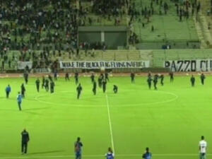 Television screenshot of the Algerian fans invade the pitch during the game against Sundowns in the CAF Champions League on Sunday