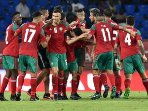 Morocco's players celebrate a goal during the 2017 Africa Cup of Nations group C football match between Morocco and Ivory Coast in Oyem on January 24, 2017.
ISSOUF SANOGO / AFP
