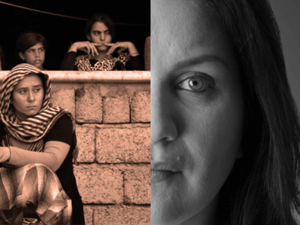 (left) Yazidi refugees (right) NYT journalist Rukmini Callimachi (Rami Khoury/Al Bawaba) 