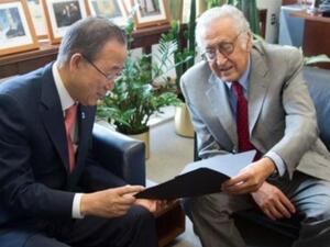Lakhdar Brahimi meets UN secretary-general Ban Ki-moon ahead of a meeting with Bashar al-Assad. [AFP]