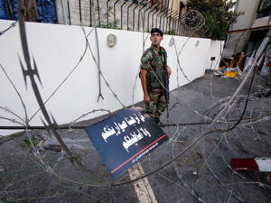 Lebanese soldier blocks road leading to US Embassy in Beirut (Photo credit: AFP)