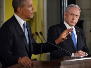 US President Barack Obama  speaks during a joint press conference with Israel's Prime Minister Benjamin Netanyahu following a bilateral meeting at the Prime Minister's residence in Jerusalem on March 20, 2013. [Getty Images]