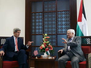 US Secretary of State John Kerry meets with Palestinian authority President Mahmoud Abbas in the West Bank city of Bethlehem on November 6, 2013. [AFP/Fadi Arouri]