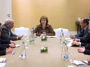 Iranian Foreign Minister Mohammad Javad Zarifand Russian Foreign Minister Sergei Lavrov speak during a meeting on the third day of talks on Iran's nuclear program on November 9, 2013 in Geneva. [Getty Images]