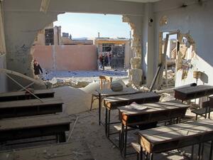 A general view shows a damaged classroom at a school after it was hit in an air strike in the village of Hass, in the south of Syria's rebel-held Idlib province on October 26, 2016. (AFP/Omar Haj Kadour)